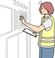 Girl in uniform adjusts industrial equipment on control panel. png