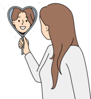 Happy woman look in heart shaped mirror png