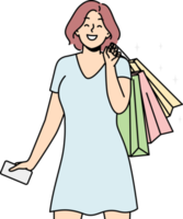 sonriente mujer con pantalones emocionado con compras png
