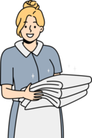 leende hushållerska med stack av handdukar png