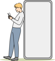 Young man near huge cell with mockup screen png