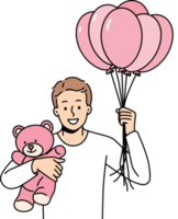 Smiling man with balloons and toy in hands png