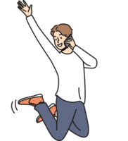 Overjoyed man jump in air talk on cellphone png