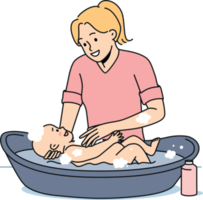 Smiling mother washing newborn baby png