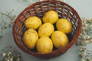 Pastel Easter eggs background. Spring greating card. Easter eggs in basket photo