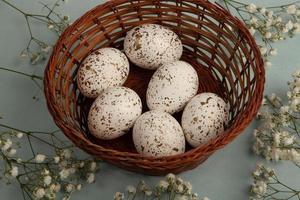 Pastel Easter eggs background. Spring greating card. Easter eggs in basket photo