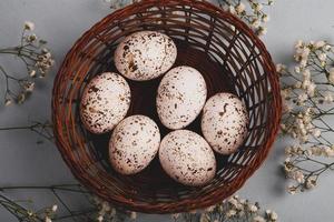 Pastel Easter eggs background. Spring greating card. Easter eggs in basket photo