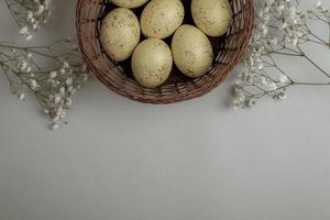 Pastel Easter eggs background. Spring greating card. Easter eggs in basket photo