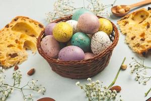 Pastel Easter eggs background. Spring greating card. Easter eggs in basket photo