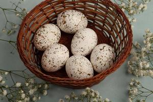 Pastel Easter eggs background. Spring greating card. Easter eggs in basket photo