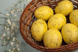 Pastel Easter eggs background. Spring greating card. Easter eggs in basket photo