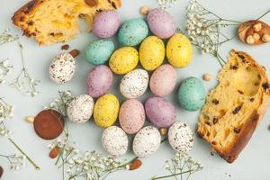 Pastel Easter eggs background. Spring greating card. Easter eggs in basket photo