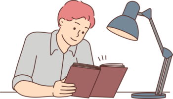 Young man sit at desk reading book png