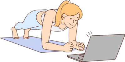 Woman training online with lesson on computer png