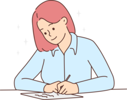 Smiling woman sit at desk writing png