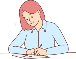 sonriente mujer sentar a escritorio escritura png