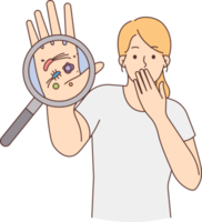 Stressed woman show bacteria under magnifier png