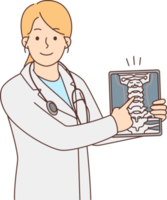 Smiling female doctor show body organ on tablet png