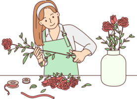 kvinna blomsterhandlare arbetssätt med blommor i verkstad png