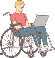 Smiling man in wheelchair work on computer png