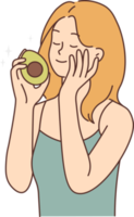 Smiling woman touch skin hold avocado in hands png