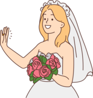 Smiling bride with bouquet in hands png