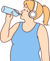 Overweight woman in headphones drink water png