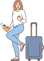 felicissimo donna con valigia eccitato con viaggio png