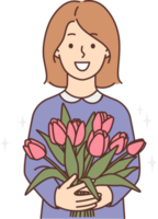 Smiling girl with flowers in hands png