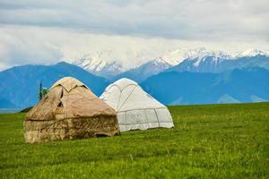 Kazakh felt houses on the Kalajun prairie in Xinjiang photo