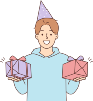 Smiling man holding birthday presents in hands png