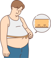 Unhappy fat man measure belly with tape png