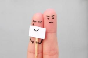 Fingers art of couple. Concept of woman hiding emotions, man is happy. photo