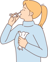 sjuk kvinna använda sig av nasal spray png