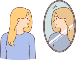 Smiling woman look in mirror see unhappy face png