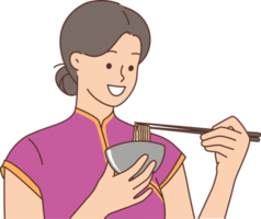 Smiling woman eat noodles with chopsticks png