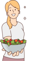 Smiling woman hold bowl of vegetarian salad png