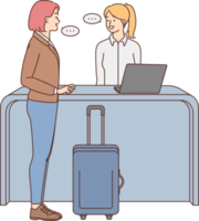 mujer con maleta hablar con administrador en recepción png