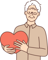 Smiling mature man hold big heart in hands png