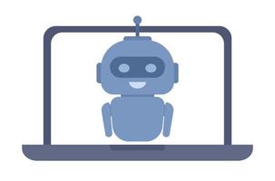 Chatbot on laptop screen icon. Artificial intelligence robot assistant. Online customer support. Vector flat illustration