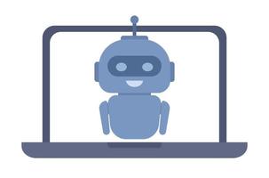 Chatbot on laptop screen icon. Artificial intelligence robot assistant. Online customer support. Vector flat illustration