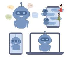 Chatbot icon set. Artificial intelligence robot assistant. Online customer support. Vector flat illustration