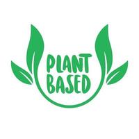 Plant based label. Text inside a circle with leaves around. Vegan friendly badge. vector