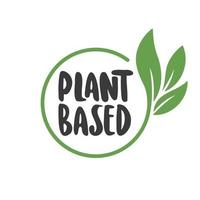 Plant based label. Text inside a circle with leaves around. Vegan friendly badge. vector