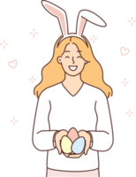 Adolescência menina com Coelho orelhas em cabeça detém Páscoa ovos preparado para religioso cristão feriado png