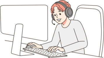 Boy playing video games on computer png