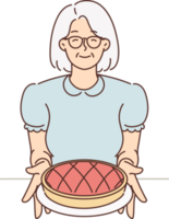 Smiling old grandmother hold homemade pie png