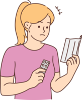 Distressed woman read tablet prescription png