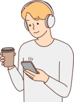 Man in headphones texting on smartphone png