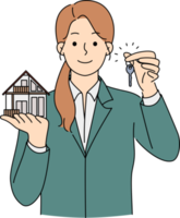 sorridente agente immobiliare hold Casa miniatura e chiave png